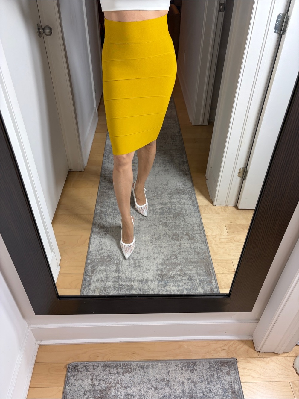 BCBGMaxAzria Mustard Yellow High-Waist Bandage Pencil Skirt